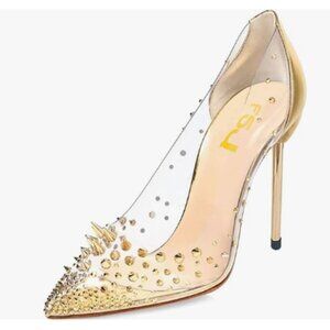 FSJ Women Studded Pointed Toe Transparent Pumps High Heels Shoes with Cute